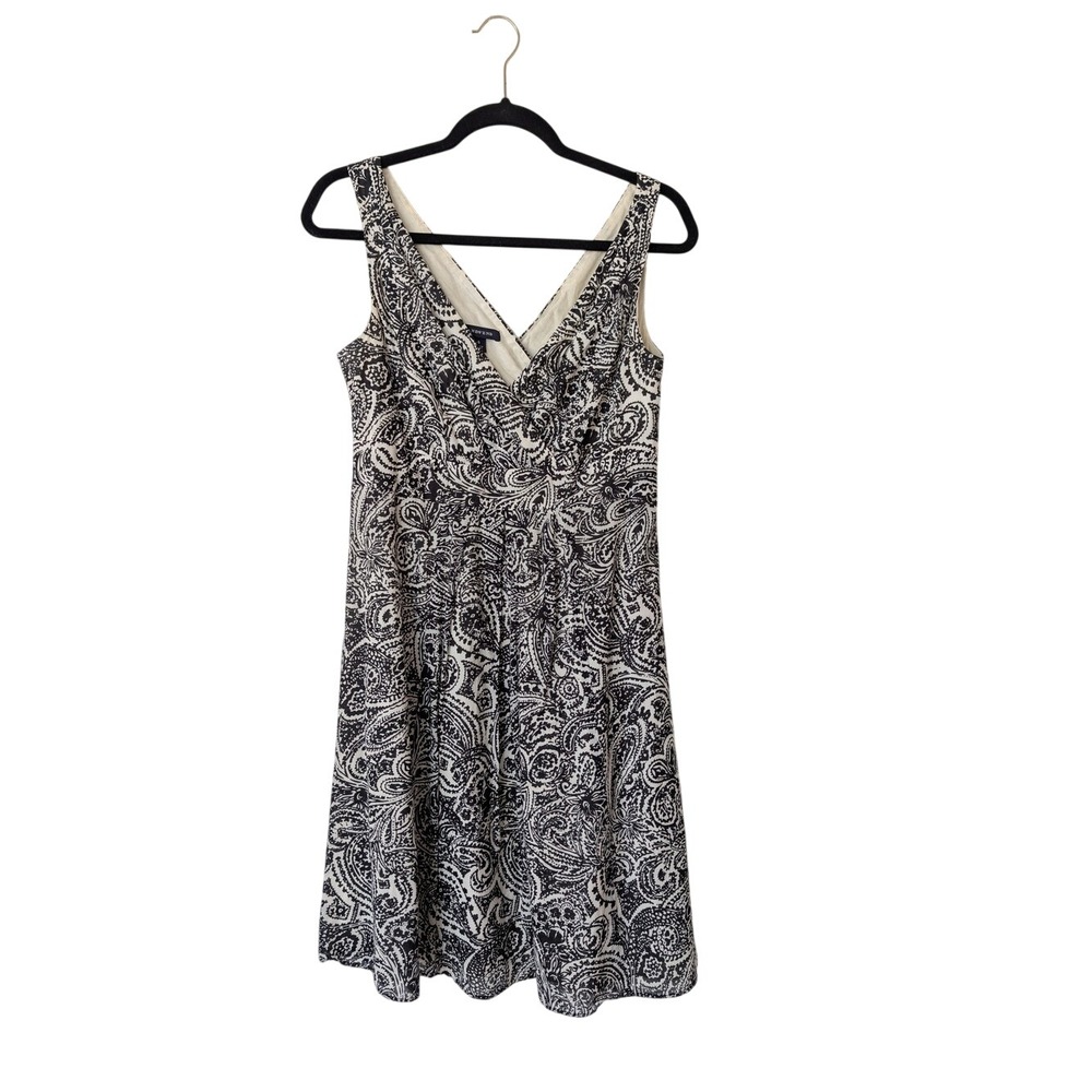 Land's End Paisley Print Faux Wrap 100%Cotton V Neck Midi Dress Black Sz 6